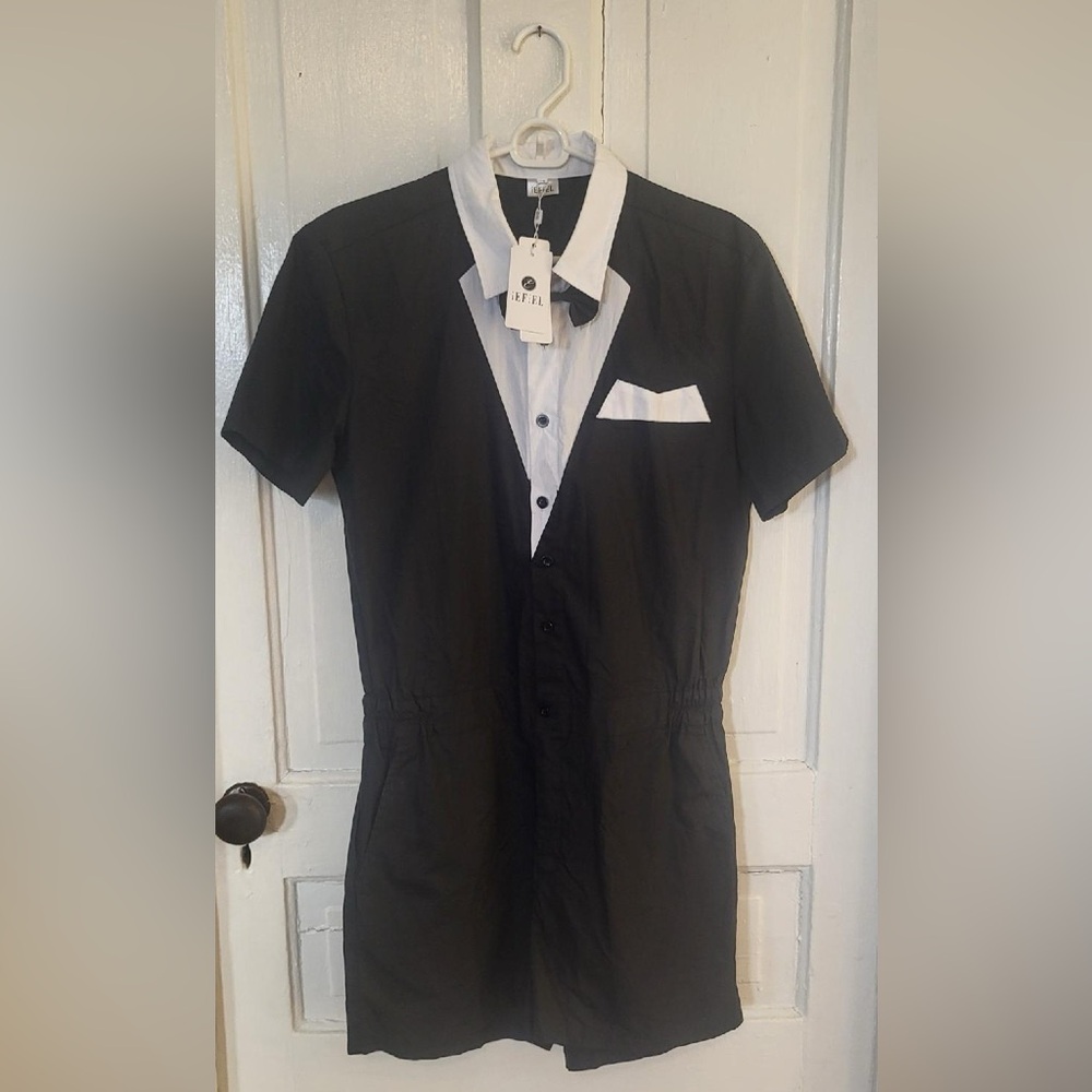 iEFiEL Black & White Formal Tuxedo-Style Costume Romper with Bow Tie